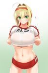  ! 1girl ahoge bike_shorts blonde_hair blush breasts commentary_request cowboy_shot eyebrows_visible_through_hair fate/grand_order fate_(series) gachou green_eyes hair_between_eyes hairband large_breasts navel nero_claudius_(fate)_(all) short_sleeves solo standing stomach under_boob 
