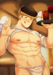  1boy :p absurdres alternate_costume bangs bara blonde_hair blush chest clayten fundoshi glasses granblue_fantasy green_eyes hat highres japanese_clothes looking_at_viewer male_focus muscle shirt_lift smile solo toned toned_male tongue tongue_out tray vane_(granblue_fantasy) 