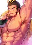  1boy abs armpit_hair armpits bara beard black_hair blonde_hair blush body_hair chest chest_hair facial_hair fingerless_gloves gloves looking_at_viewer male_focus manly multicolored_hair muscle nipples pectorals sideburns solo streaked_hair stubble thick_eyebrows thighs tokyo_houkago_summoners upper_body waku_(ayamix) yamasachihiko_(tokyo_houkago_summoners) 