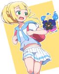  1girl :d backpack bag blonde_hair blush bubukka cosmog gen_7_pokemon green_eyes legendary_pokemon lillie_(pokemon) long_hair looking_at_another midriff open_mouth pokemon pokemon_(creature) pokemon_(game) pokemon_sm ponytail shirt short_sleeves skirt smile thighs two-tone_background white_background white_shirt white_skirt yellow_background 