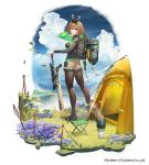  1girl ash_arms boots breasts brown_hair character_request commentary_request eyebrows_visible_through_hair grass hairband highres jjune long_sleeves looking_at_viewer medium_breasts pantyhose short_hair shorts solo sword tent violet_eyes water waterfall weapon 