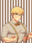 1boy absurdres alternate_costume bangs blonde_hair blush bow bowtie chest clayten formal glasses granblue_fantasy green_eyes highres looking_at_viewer male_focus muscle shirt smile solo toned toned_male vane_(granblue_fantasy) 