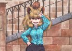  1girl animal_ears arm_up bangs belt big_hair blouse brown_eyes brown_hair casual cat_girl collarbone collared_blouse contemporary fangs fingernails hair_between_eyes hand_on_hip highres kemono_friends kotobukkii_(yt_lvlv) light_brown_hair lion_(kemono_friends) lion_ears lion_girl long_sleeves multicolored_hair nail_polish open_mouth pants red_nails smile solo twitter_username two-tone_hair upper_body v wing_collar 