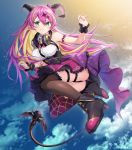 1girl absurdres ass bare_shoulders boots breasts clouds curcumin day headphones headphones_around_neck high_heel_boots high_heels highlights highres hololive large_breasts mano_aloe multicolored_hair outdoors panties pink_hair prehensile_tail skirt sky sleeveless solo tail thigh-highs underwear yellow_eyes
