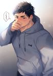  1boy black_hair blood blue_eyes blush finger_to_nose grey_hoodie hand_on_own_face haozz hood hood_down hoodie light male_focus nosebleed original shiny shiny_hair solo sweatdrop toned toned_male upper_body 