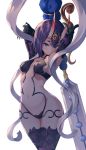  1girl arms_behind_head bob_cut breasts chinchilla_(ynfy4577) closed_mouth commentary_request eyebrows_visible_through_hair fate/grand_order fate_(series) hair_between_eyes highres holding holding_sword holding_weapon horns looking_at_viewer medium_breasts navel oni oni_horns purple_hair short_hair shuten_douji_(fate/grand_order) simple_background smile solo sword thick_eyebrows thigh-highs violet_eyes weapon white_background 