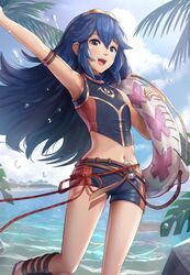  1girl :d arm_strap arm_up armpits bangs bare_legs belt blue_eyes blue_hair blue_shorts blush day eyebrows_visible_through_hair fire_emblem fire_emblem_awakening fire_emblem_heroes flat_chest gonzarez highres innertube leg_up long_hair looking_at_viewer lucina lucina_(fire_emblem) navel ocean open_mouth outdoors short_shorts shorts sleeveless smile solo standing standing_on_one_leg stomach thighs tiara water water_drop 