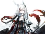  1girl animal_ears arknights blizzard bunny_girl cloak facial_scar frostnova_(arknights) frown gloves grey_eyes hair_ornament hair_over_one_eye hairclip highres holding long_sleeves looking_at_hand nga_(artist) rabbit_ears scar slit_pupils solo upper_body white_background white_hair wind 