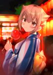  1girl bangs blurry blurry_background blush bow breasts brown_hair candy_apple closed_mouth commentary depth_of_field eyebrows_visible_through_hair fang fang_out food hair_between_eyes hair_flaps highres holding holding_food japanese_clothes kimono looking_at_viewer looking_to_the_side minami_saki night original outdoors red_eyes short_hair small_breasts smile solo striped summer_festival symbol_commentary vertical-striped_kimono vertical_stripes yellow_bow yukata 