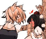  2girls animal_ears ayanohushi biceps black_hair black_tank_top blush breasts collarbone covering_mouth eye_contact full-face_blush hat heart highres inubashiri_momiji large_breasts looking_at_another multiple_girls muscle muscular_female pom_pom_(clothes) red_eyes shameimaru_aya shirt tank_top tokin_hat touhou wall_slam white_background white_hair white_shirt wolf_ears wolf_girl yuri 