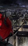  1boy archer armor bow_(weapon) city city_lights cityscape coat dark_skin dark_skinned_male fate/stay_night fate_(series) from_behind full_body genkiniikitaisu highres long_sleeves male_focus pants red_coat scenery solo weapon white_hair wind wind_lift 