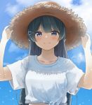  1girl bangs black_hair blue_sky blush breasts closed_mouth clouds collarbone ene_mizunoawa eyebrows_visible_through_hair hair_ornament hairclip hat highres long_hair looking_at_viewer nijisanji shirt sky smile solo straw_hat tied_shirt tsukino_mito upper_body virtual_youtuber white_shirt 