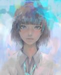  1girl blue_background blue_neckwear bob_cut brown_hair collared_shirt highres looking_at_viewer necktie original parted_lips shirt solo upper_body violet_eyes wataboku white_shirt wing_collar 