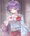  1girl ahoge bags_under_eyes blouse blue_blouse breasts buttons cup curly_hair ears eyeball floral_print frilled_shirt_collar frills frown hairband heart heart_of_string holding holding_cup komeiji_satori long_sleeves medium_breasts pale_skin pink_skirt purple_hair ribbon-trimmed_collar ribbon_trim short_hair sigh skirt sunyup third_eye tired touhou violet_eyes wide_hips wide_sleeves 