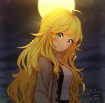  1girl ahoge blonde_hair blush building clouds cloudy_sky commentary full_moon green_eyes highres hoshii_miki idolmaster idolmaster_(classic) jugemu_(qqkyon) long_hair looking_at_viewer moon night night_sky sky smile solo star_(sky) starry_sky 