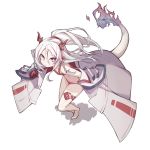  1girl absurdres arknights barefoot braid closed_mouth dragon_girl dragon_horns dragon_tail fang full_body highres horns long_hair looking_at_viewer mmhomm nian_(arknights) ponytail red_horns simple_background skin_fang smile solo standing tail tattoo thigh_tattoo twin_braids violet_eyes white_background white_hair 
