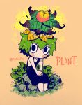  1girl bare_shoulders barefoot black_dress black_eyes blush closed_mouth colorized commentary dress english_commentary flower flower_on_head green_hair grey_background highres ink_(medium) inktober leaf leaf_on_head long_dress looking_at_viewer mixed_media monster_girl original plant_girl rariatto_(ganguri) short_hair simple_background sitting sleeveless sleeveless_dress solo traditional_media twitter_username wide-eyed 
