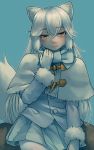 1girl animal_ear_fluff animal_ears arctic_fox_(kemono_friends) bangs blue_background blue_bow blue_neckwear bow bowtie capelet commentary_request fox_ears fox_tail fur-trimmed_sleeves fur_trim gloves hair_between_eyes hand_up highres kemono_friends long_hair long_sleeves looking_at_viewer pantyhose simple_background skirt smile solo tail very_long_hair welt_(kinsei_koutenkyoku) white_capelet white_gloves white_hair white_legwear yellow_eyes 