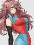  1girl android_21 black-framed_eyewear blue_eyes breasts checkered checkered_dress detached_sleeves dragon_ball dragon_ball_fighterz dress earrings glasses grey_background hair_between_eyes hoop_earrings jewelry kemachiku large_breasts long_hair looking_at_viewer redhead simple_background solo 