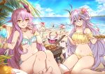  2girls bangs bare_shoulders beach beach_volleyball benares_(honkai_impact) bikini bird blue_eyes blue_sky breasts cake clouds crossed_bangs cup day feathers flower food frilled_bikini frills front-tie_bikini front-tie_top grill grilling hair_between_eyes hair_feathers hair_flower hair_ornament highres holding holding_cup honkai_(series) honkai_impact_3rd horizon innertube jewelry kebab light_rays long_hair looking_at_viewer meat medium_breasts monster multiple_girls navel necklace open_mouth outdoors palm_tree purple_hair sand seagull side-tie_bikini silver_hair sirin sitting skewer sky smile swimsuit tree very_long_hair volleyball volleyball_net yellow_bikini yellow_eyes yellow_nails yougen_kitsune 