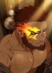 1boy bara beard blush chest close-up facial_hair flaming_eye hephaestus_(tokyo_houkago_summoners) highres looking_at_viewer male_focus manly muscle nipples oro9 pectorals red_eyes scar shirtless simple_background solo thick_eyebrows tokyo_houkago_summoners upper_body 