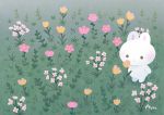  ayu_(mog) blush flower grass no_humans original parted_lips pink_flower rabbit signature symbol_commentary white_flower yellow_flower 