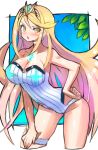  1girl adapted_costume bent_over blonde_hair breasts dakusuta floating_hair hand_on_hip hand_on_own_thigh highres mythra_(xenoblade) large_breasts long_hair solo swimsuit v-shaped_eyebrows very_long_hair xenoblade_(series) xenoblade_2 yellow_eyes 