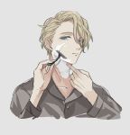  1boy blonde_hair blue_eyes hair_between_eyes highres hosekisho_richard-shi_no_nazo_kantei kaeru_(qingwali) long_sleeves looking_at_viewer male_focus razor richard_ranashinha_de_vulpian shaving shaving_cream simple_background solo upper_body 