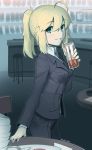  1girl absurdres ahoge artoria_pendragon_(all) black_jacket black_pants blonde_hair boa_(brianoa) business_suit collared_shirt cowboy_shot drink fate/zero fate_(series) fork formal green_eyes highres holding indoors jacket long_sleeves looking_at_viewer pants plate ponytail saber shirt smile solo standing stool suit table twitter_username wing_collar 
