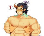  ! 1boy 1other abs absurdres bara beard blush bound bound_wrists chest clayten dark_blue_hair facial_hair fang groping highres horns male_focus muscle nipples pectoral_grab pectorals rope scar solo sweat takemaru_(tokyo_houkago_summoners) teeth thick_eyebrows tokyo_houkago_summoners upper_body 