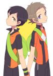  2boys back-to-back backpack bag black_hair brendan_(pokemon) brown_hair buckle closed_mouth collared_shirt commentary_request from_side green_bag grey_eyes male_focus multiple_boys niimura_(csnel) orange_shirt pants pokemon pokemon_(game) pokemon_adventures pokemon_oras shirt short_hair short_sleeves white_background yellow_eyes zipper_pull_tab 