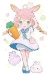  1girl :d animal_on_head ayu_(mog) blonde_hair blue_eyes blue_sailor_collar blush braid bunny_on_head carrot crossed_legs dress food_background full_body gradient_hair hair_ornament hairclip hand_up highres holding looking_at_viewer multicolored_hair on_head open_mouth pink_hair polka_dot rabbit sailor_collar sailor_dress short_dress short_sleeves signature smile solo standing symbol_commentary twin_braids unmoving_pattern watson_cross white_dress 