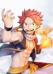  1boy abs bare_shoulders commentary_request eyebrows_visible_through_hair eyes_visible_through_hair fairy_tail fire ft_nl10 highres looking_at_viewer natsu_dragneel navel open_mouth pink_hair scarf shoulder_tattoo sleeveless solo spiky_hair standing tattoo teeth upper_body watermark wristband 