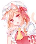  1girl :d absurdres animal_ears ascot bangs bow brown_hair cat_ears cat_girl cat_tail collared_shirt commentary_request eyebrows_visible_through_hair fang flandre_scarlet hair_bow hand_up hat head_tilt highres kemonomimi_mode long_hair looking_at_viewer mob_cap moko_(mokochisa) one_side_up open_mouth paw_pose puffy_short_sleeves puffy_sleeves red_bow red_eyes red_vest shirt short_sleeves simple_background smile solo tail tail_raised touhou vest white_background white_headwear white_shirt wrist_cuffs yellow_neckwear 