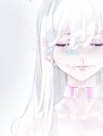  1girl absurdres air_bubble blood blood_on_face blush bubble choker closed_eyes closed_mouth collarbone eyeshadow face gradient gradient_background hair_between_eyes highres long_hair makeup mik3d nosebleed original pink_choker purple_eyeshadow upper_body white_hair white_theme 