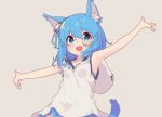  1girl animal_ear_fluff animal_ears aoi_tori armpits arms_up blue_eyes blue_hair cat_ears cat_tail dress grey_background highres hood open_mouth original outstretched_arms short_dress short_hair simple_background sleeveless sleeveless_dress smile solo tail upper_body white_dress 