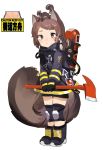  1girl absurdres animal_ears animal_ears_helmet animal_on_head animal_on_shoulder arknights axe black_gloves black_jacket black_shorts brown_eyes brown_hair child fire_axe fire_extinguisher fire_jacket firefighter flat_chest full_body gloves hair_ornament hairclip highres holding holding_axe jacket knee_pads long_sleeves moyamoya_(moya11158375) on_head shaw_(arknights) shorts sign simple_background solo squirrel squirrel_girl squirrel_tail standing tail warning_sign white_background younger 