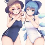  2girls bangs beige_background blonde_hair blue_bow blue_eyes blue_hair blue_swimsuit bow breasts brown_headwear cirno commentary_request darumoon eyebrows_visible_through_hair eyes flat_chest hair_bow hair_ribbon hat heart heart_hands heart_hands_duo highres ice ice_wings looking_at_viewer medium_breasts moriya_suwako multiple_girls one-piece_swimsuit red_ribbon ribbon school_swimsuit short_hair simple_background swimsuit touhou white_swimsuit wings 