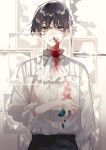  1boy animal blood blood_on_face bloody_clothes blue_butterfly brown_hair bug butterfly death green_eyes highres holding insect kyouichi male_focus nosebleed original smile solo 