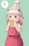 ! 1girl apron blush bread eating final_fantasy final_fantasy_xiv food green_background green_eyes heart holding holding_food knit_hat lalafell medium_hair moko_(user_vnsh2874) pink_apron pink_hair pointy_ears solo spoken_exclamation_mark upper_body 