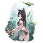  1girl alpha_transparency animal_ears ass backless_swimsuit bangs black_hair black_swimsuit blush braid breasts bug butt_crack dragonfly erune granblue_fantasy hair_between_eyes hair_over_shoulder insect large_breasts lily_pad long_hair looking_at_viewer minaba_hideo nier_(granblue_fantasy) official_art open_mouth rain red_eyes shirt sideboob smile solo standing swimsuit transparent_background twin_braids wading water white_shirt 