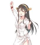  1girl black_hair closed_eyes commentary_request cowboy_shot drawstring hairband haruna_(kantai_collection) headgear hood hooded_jacket hoodie jacket kantai_collection long_hair raised_fist sarong satsumi simple_background smile solo standing white_background white_jacket white_sarong 