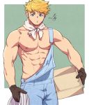  1boy alternate_costume bangs bara blonde_hair blush chest gakki_(gaku_suru) gloves granblue_fantasy green_eyes male_focus muscle music pectorals singing solo toned toned_male undressing vane_(granblue_fantasy) working 