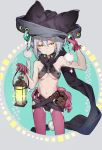  1girl animal_ears arm_up bare_shoulders belt black_headwear black_scarf fang fingernails gloves grey_hair hair_between_eyes hat highres holding holding_lantern lantern mik3d navel open_mouth original pouch purple_gloves purple_legwear scarf short_hair solo yellow_eyes 