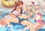  3girls bangs beach bikini blonde_hair blue_bikini blue_eyes blunt_bangs brown_eyes brown_hair denim denim_shorts fang frilled_bikini frills grecale_(kantai_collection) green_eyes halter_top halterneck innertube kantai_collection libeccio_(kantai_collection) long_hair looking_at_viewer lying maestrale_(kantai_collection) mizuki_eiru_(akagi_kurage) multiple_girls on_side on_stomach one_side_up open_fly open_mouth pink_bikini sand shallow_water short_shorts shorts side_ponytail silver_hair smile swimsuit twintails water waves wavy_hair white_bikini 