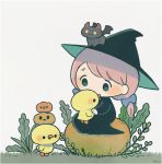  ayu_(mog) bird black_dress blue_bow bow chick dress grass green_eyes greyscale hair_bow hat long_sleeves monochrome pink_hair pumpkin simple_background sitting twintails witch witch_hat 