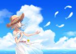  1girl arata_(xin) bangs bare_arms bare_shoulders blue_sky breasts clenched_hand commentary_request dangan_ronpa day dress eyebrows_visible_through_hair feathers flipped_hair flying hair_ornament hairclip hat highres holding horizon jewelry jewelry_removed medium_breasts nanami_chiaki necklace necklace_removed ocean pink_eyes pink_hair revision see-through short_hair short_sleeves sky sleeveless smile solo star_(symbol) star_necklace sun_hat super_dangan_ronpa_2 water white_dress white_feathers wind 