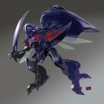  clenched_hands flying grey_background holding holding_sword holding_weapon horns insect_wings mecha no_humans red_eyes seisenshi_dunbine solo sword umeno_ryuuji weapon wings zwarth 