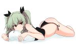  1girl absurdres aikir_(jml5160) anchovy_(girls_und_panzer) ass black_panties blush closed_mouth eyebrows_visible_through_hair girls_und_panzer green_hair hair_ornament hair_ribbon highres looking_at_viewer lying on_stomach panties pillow ribbon shiny shiny_hair side-tie_panties simple_background solo twintails underwear white_background 