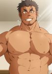  1boy abs bara beard black_hair chest dagon_(tokyo_houkago_summoners) facial_hair highres light looking_at_viewer male_focus manly muscle nipples oro9 pectorals shirtless smile solo tokyo_houkago_summoners upper_body yellow_eyes 